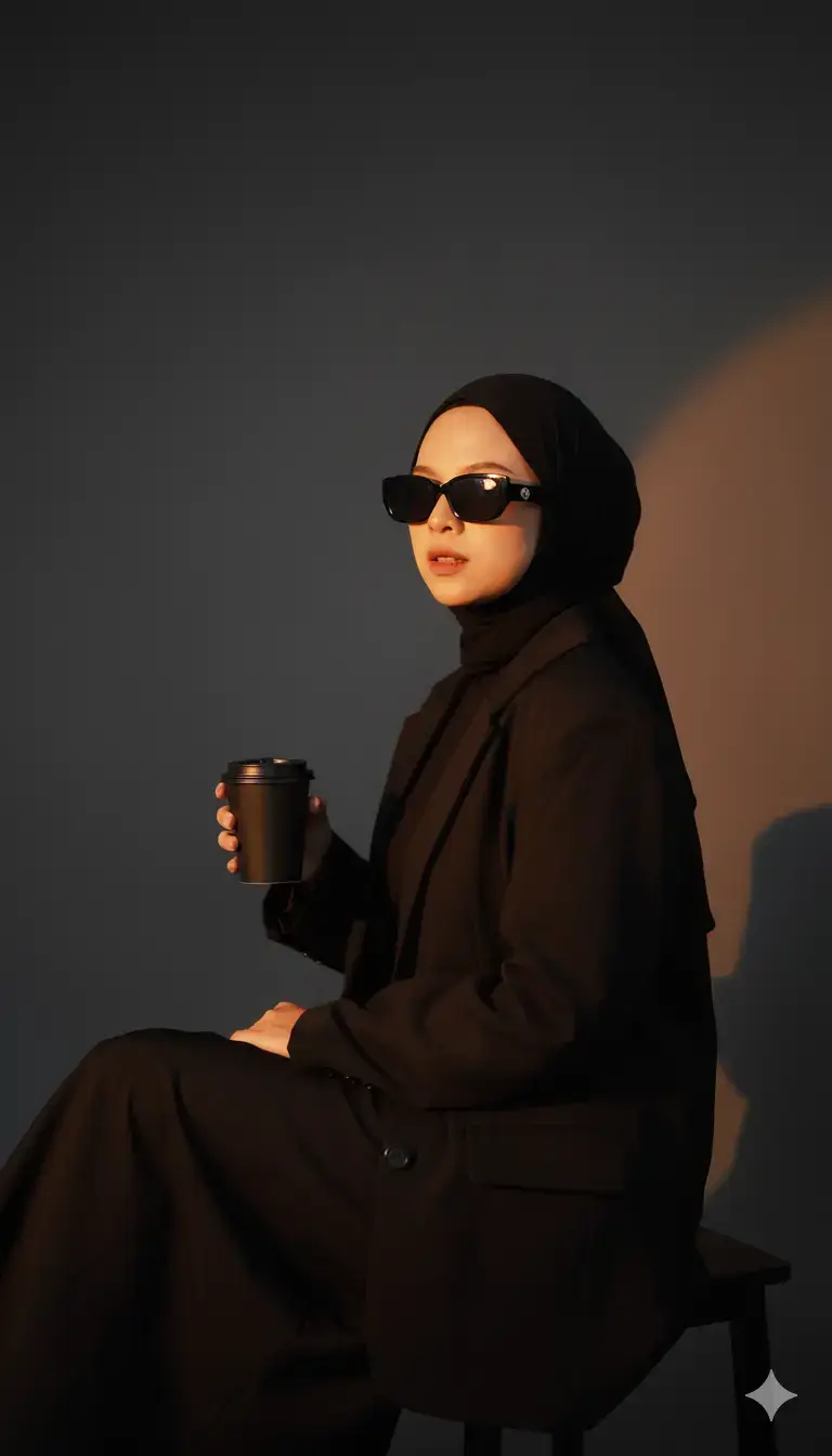 Tutorial Edit Foto AI 1. Masuk ke Google 2. Pilih Gemini AI 3. Masukkan foto kalian dan tulis prompt.  Kalo foto aku ini pake ini promptnya :  Edit foto ini menjadi duduk santai di studio foto dengan tidak mengubah wajah asli dengan pantulan cahaya senja. Ia mengenakan outfit serba hitam, blazer oversize dan rok hitam, memakai kacamata hitam serta berhijab hitam. Anggle dari samping wajah menghadap kamera, memegang cup kopi. Gaya elegan dan edgy dengan nuansa misterius.  4. Generate  5. Pilih tanda panah pojok kanan atas untuk save.  Selamat mencoba. 😍 #tutorial #fotoai #prompt #fotostudio #fotofyp 