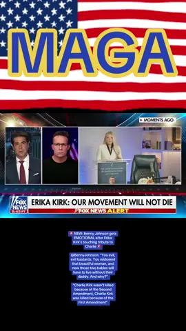 🚨 NEW: Benny Johnson gets EMOTIONAL after Erika Kirk’s touching tribute to Charlie 🚨 @BennyJohnson: “You evil, evil bastards. You widowed that beautiful woman, and now those two babies will have to live without their daddy. And why?” “Charlie Kirk wasn’t killed because of the Second Amendment, Charlie Kirk was killed because of the First Amendment” “I don’t think I had ever witnessed a miracle before. But watching Charlie work, watching what he was able to build, watching the prophetic nature of what he said, in the work of his life — I know I witnessed a miracle.” “Charlie will become stronger in MARTYRDOM”