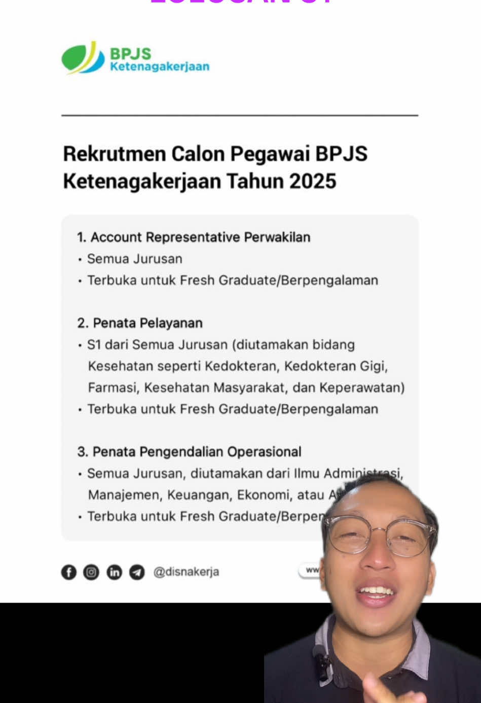 Update sampai tanggal 14 Septermber 2025 Info Loker Terbaru Lowongan kerja Rekrutmen dan Seleksi BPJS Ketenagakerjaan Tahun 2025 1. Account Representative Perwakilan • Semua Jurusan • Terbuka untuk Fresh Graduate/Berpengalaman 2. Penata Pelayanan • S1 dari Semua Jurusan (diutamakan bidang kesehatan seperti Kedokteran, Kedokteran Gigi, Farmasi, Kesehatan Masyarakat, dan Keperawatan) • Terbuka untuk Fresh Graduate/Berpengalaman 3. Penata Pengendalian Operasional • Semua Jurusan, diutamakan dari Ilmu Administrasi, Manajemen, Keuangan, Ekonomi, atau Akuntansi • Terbuka untuk Fresh Graduate/Berpengalaman 4. Customer Service Officer • Seluruh Jurusan, diutamakan dari bidang Kesehatan, Farmasi, Kesehatan Masyarakat, Keperawatan. • Terbuka untuk Fresh Graduate/Berpengalaman Lihat detail: https://www.disnakerja.com/rekrutmen-terbuka-bpjs-ketenagakerjaan-bpjamsostek-tahun-2025/ Periode Pendaftaran: 8 - 14 September 2025 #infoloker #carikerja #lowongankerja #lokerterbaru #loker2025 