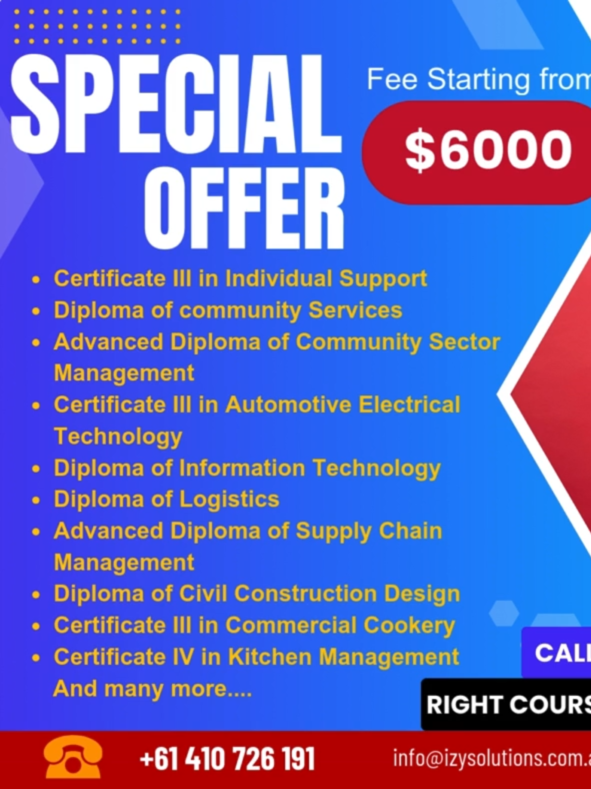 🎓 SPECIAL OFFER Take advantage of our amazing course offers starting from just $6000 with IZY Solutions Education and Migration. ✨ Popular Courses Available: ✅ Certificate III in Individual Support ✅ Diploma of Community Services ✅ Advanced Diploma of Community Sector Management ✅ Certificate III in Automotive Electrical Technology ✅ Diploma of Information Technology ✅ Diploma of Logistics ✅ Advanced Diploma of Supply Chain Management ✅ Diploma of Civil Construction Design ✅ Certificate III in Commercial Cookery ✅ Certificate IV in Kitchen Management … and many more! 💡 At IZY Solutions, we guide you toward the right course that leads to the right PR pathway in Australia. Whether you’re looking for community services, IT, logistics, cookery, or trades – we’ve got options tailored for your goals. 📞 Call us today for a FREE consultation! 👉 +61 410 726 191 📧 info@izysolutions.com.au 🌐 www.izysolutions.com.au #fyp #foryoupage