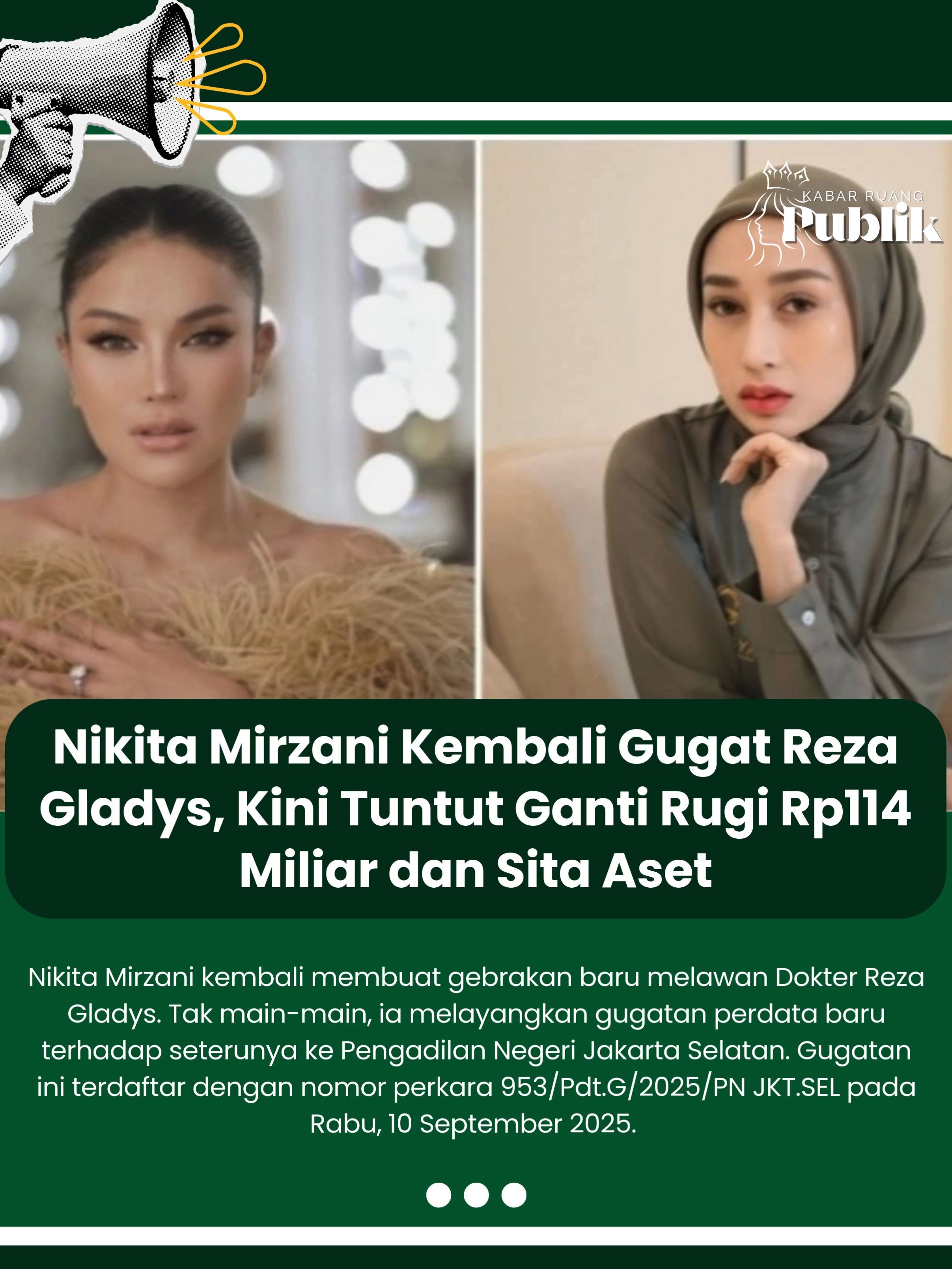 Nikita Mirzani kembali membuat gebrakan baru melawan Dokter Reza Gladys. Tak main-main, ia melayangkan gugatan perdata baru terhadap seterunya ke Pengadilan Negeri Jakarta Selatan. Gugatan ini terdaftar dengan nomor perkara 953/Pdt.G/2025/PN JKT.SEL pada Rabu, 10 September 2025.  Dalam Sistem Informasi Penelusuran Perkara (SIPP) PN Jakarta Selatan, Nikita Mirzani tidak sendirian sebagai penggugat. Ada Ismail Marzuki, sahabatnya yang ikut mengajukan gugatan. #nm #nikitamirzani