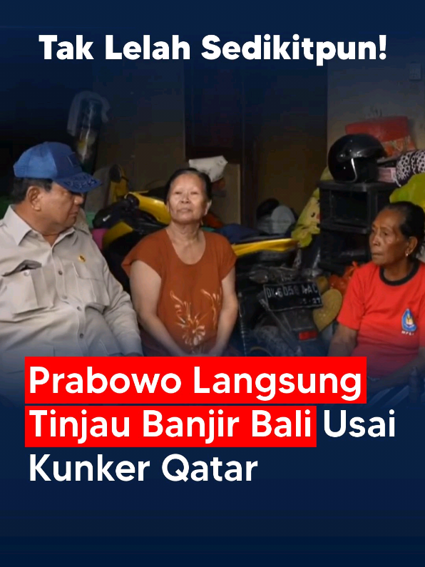 Tak Lelah Sedikitpun, Prabowo Langsung Tinjau Banjir Bali Usai dari Qatar Presiden Prabowo Subianto kembali menunjukkan totalitasnya dalam bekerja. Usai menyelesaikan kunjungan kerja di Qatar dan Uni Emirat Arab (PEA), ia langsung mendarat di Bali dan meninjau lokasi terdampak banjir di kawasan Pasar Badung, Denpasar. Dalam kunjungannya, Presiden Prabowo terlihat blusukan ke gang-gang pemukiman warga yang terendam banjir dan berdialog langsung dengan para korban. Ia mendengarkan keluhan mereka dan memberikan jaminan bantuan, menegaskan komitmen pemerintah untuk mengatasi masalah ini. Langkah cepat dan tanpa lelah ini menunjukkan bahwa Presiden Prabowo memprioritaskan kepentingan rakyat di atas segalanya. #Prabowo #BanjirBali #KunjunganKerja #Kepedulian #IndonesiaMaju