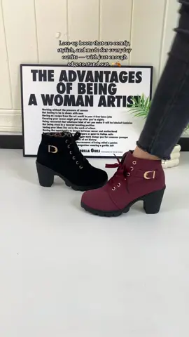 Lace-up boots that are comfy, stylish, and made for everyday outfits — with just enough edge to stand out.✨🍂 #laceupboots #chunkyheel #metalbuckle #ankleboots #fallstyle #comfortableheels #versatileboots #everydaylook #stylishfit #casualchic 