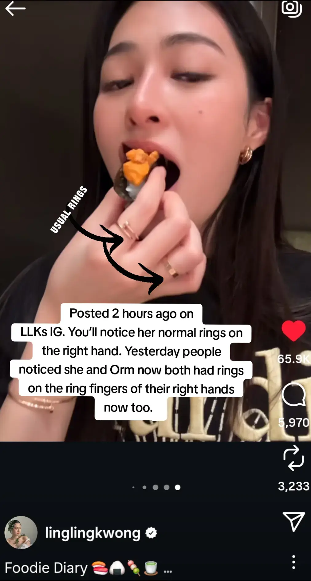 Yesterday people noticed in X that during the interviews LO had rings now on their left ring fingers as well as their other jewelry. Today about 2 hours ago LLK posted on her IG amd you can clearly see she is definitely wearing a sparkly band on her left ring finger with stones in the band along with the rings on her right!!! #linglingkwong #ormkornnaphat #lingorm #lingormisreal #lingormrings