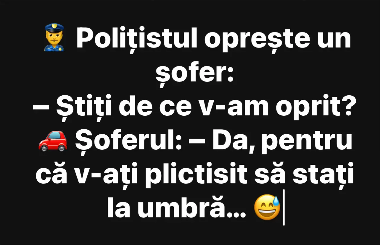 👮‍♂️ Polițistul oprește un șofer: – Știți de ce v-am oprit? 🚗 Șoferul: – Da, pentru că v-ați plictisit să stați la umbră… 😅 #banculzilei  #tele9tv  #tele8tv 