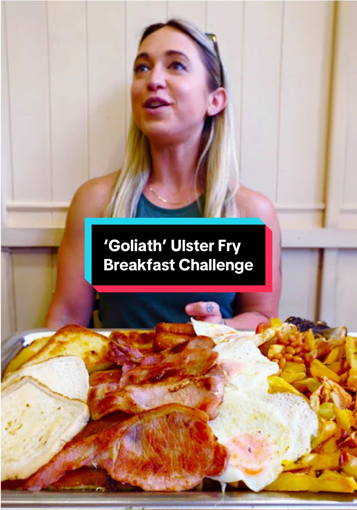 Over 1000 people have attempted this breakfast challenge which includes 4 eggs, 4 bacon, 4 sausages, 4 toast, 4 pancakes, 4 soda bread, 2 black pudding, 2 tomatoes, mushrooms, beans and 2.5lbs of chips. I have just one hour. Let’s do this!! #katinaeatskilos #foodchallenges #fyp #breakfast #Foodie 