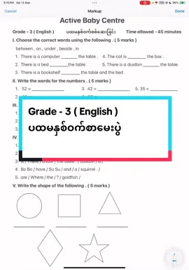Grade - 3 English စက်တင်ဘာမေးခွန်းနမူနာ လေ့ကျင့်ရန် #teacheraliceenglishsharing #fyp #englishlessons #myanmartiktok🇲🇲🇲🇲 #grade3 