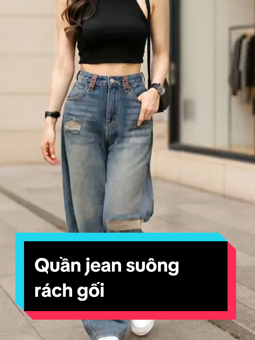 Quần jean suông phối rách gối #quanjeansuong #jeansuong #quanjeannucaocap @Thủy Shop 