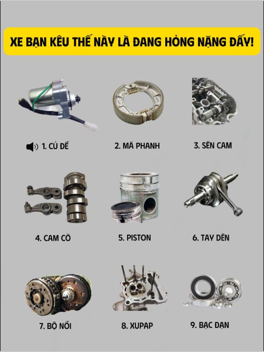 Đây là 9+ tiếng kêu bất thường cảnh báo xe hỏng nặng 👆🏻. Tiếng máy xào xào, tiếng lạch cạch, tiếng két két khi phanh, tiếng rè rè,...đều là những báo hiệu xe các bác đang hư hỏng các bộ phận quan trọng, cần sửa chữa hoặc thay thế sớm. Các bệnh này xe rất hay bị - ít nhất 1 lần - không sớm thì muộn. Các bác lưu lại bài này để tiện check lỗi khi cần nhé! Còn bác nào chưa xem bài Tổng hợp giá sửa xe thực tế và hợp lý (chỉ các mục hay sửa nhất và đã được anh em thợ uy tín xác nhận) thì xem ngay bài dưới này nhé 👇 #xemay #xega #xeso #LearnOnTikTok #fyp