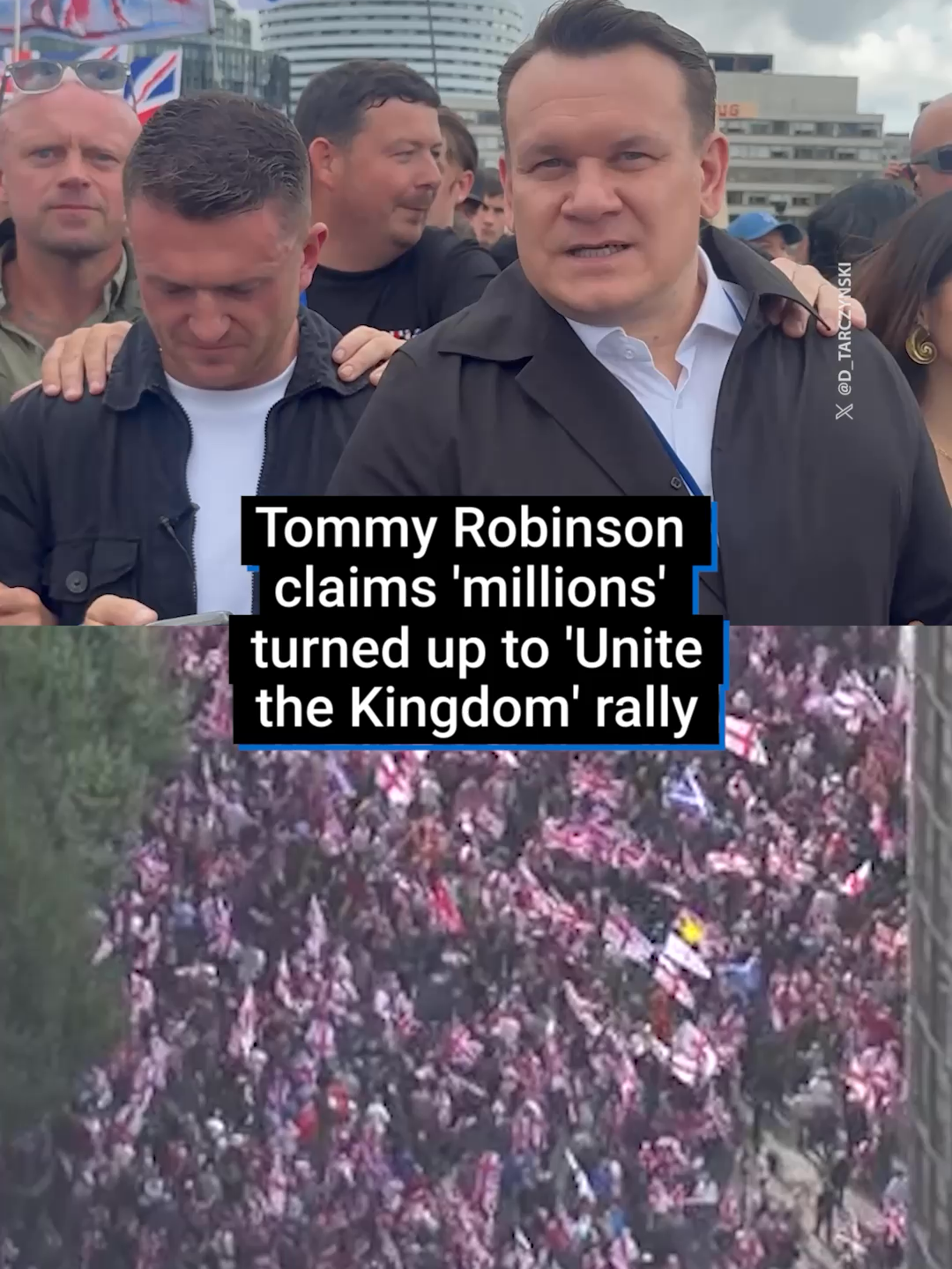 Controviersial figures including Tommy Robinson, Katie Hopkins, Laurence Fox, Valentina Gomez, and Polish MEP Dominik Tarczyński, have all been spotted marching together at today’s 'Unite the Kingdom' rally in London. Organised by the far-right activist Robinson, the march is is snarling towards Whitehall, where speeches are expected outside Down Street. Meanwhile, thousands of people have shown up for the Stand Up To Racism counter-demonstration, which will move from Russell Square to the northern end of Whitehall. #uknews #tommyrobinsonrally #londonnews