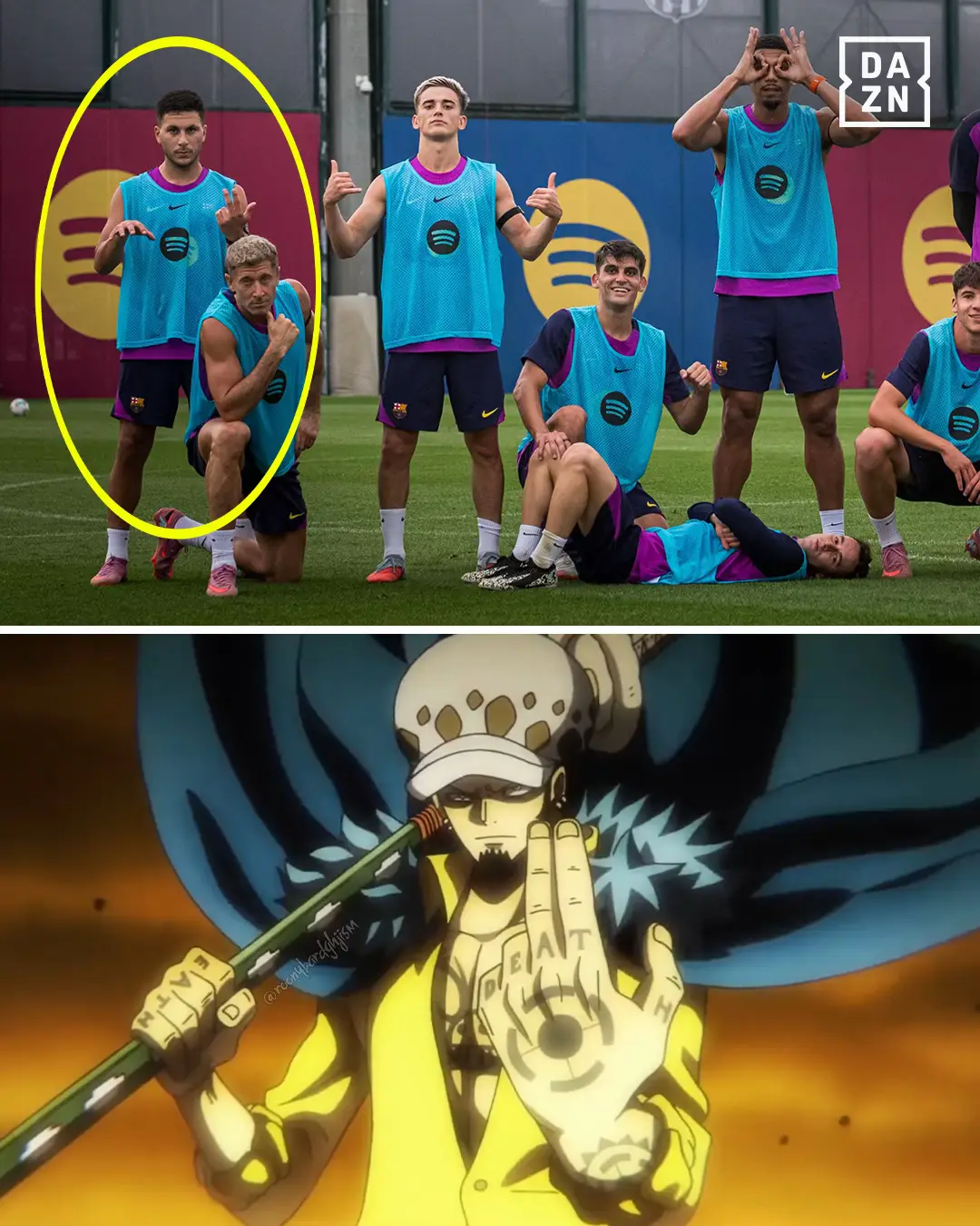 👀 El futbolista del Barça suele posar como algunos personajes de anime en las fotos del equipo ganador de los entrenamientos Estos son otros guiños que ha hecho Roony al mundo anime 😉 #tiktokfootballacademy #deportesentiktok 