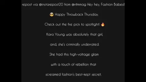 repost via @instarepost20 from @nfmmag Hey hey, Fashion Babes!! 😎 Happy Throwback Thursday. Check out the fire pick to spotlight! 🔥 Kara Young was absolutely that girl, and, she’s criminally underrated. She had this high-voltage glam with a touch of rebellion that screamed fashion’s best-kept secret.  She was the rebel in a room full of runways… You know Cindy. You know Claudia. But do you know Kara? On this #ThrowbackThursday, we’re giving flowers to one of the most iconic yet under-celebrated supermodels of the 80s and 90s: Kara Young. 🖤 From editorial to catwalk to yacht, Kara’s aura was always “booked, unbothered, and legendary. @thekarayoung 🤍