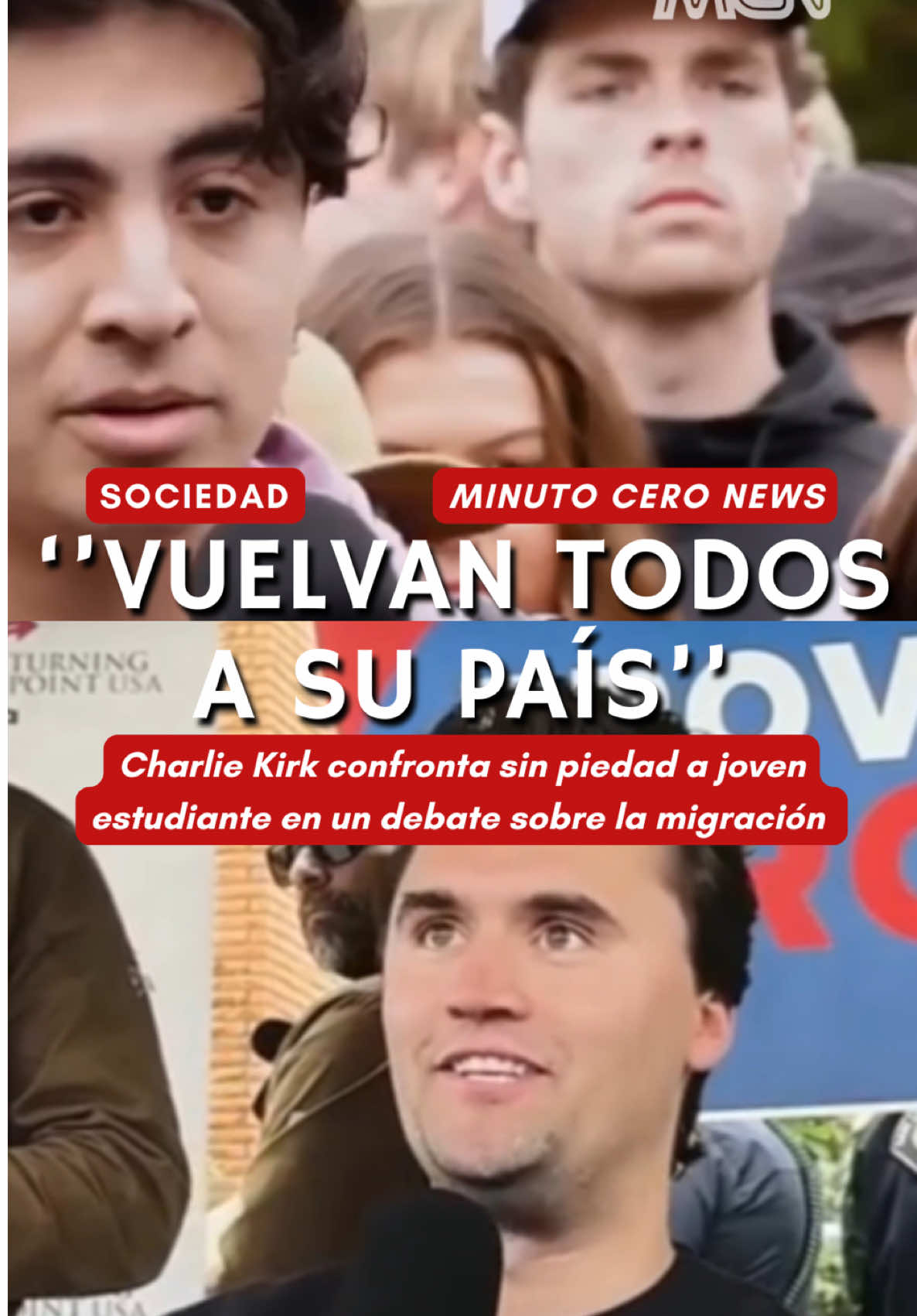 Charlie Kirk enfrenta a un joven que confesó que su madre llegó de México sin papeles y su padre es de Siria. Kirk fue tajante: “es una criminal, debería volver a su país”. Además, exigió que migrantes de países como México, Honduras, Venezuela, Chile y hasta China sean deportados. El chico mantuvo la calma y generó empatía entre el público. ¿Y tú qué opinas? #news #ultimahora #noticias #inmigrantes #estadosunidos🇺🇸 