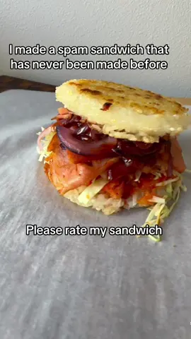I gardened 🍃 & created a sandwich. A SPAM sandwich  Crispy RICE BUN Chinese hot mustard Okonomiyaki sauce  Kimchi Green cabbage Spam sliced thin like gyro or shawarma  Grilled onions  #sandwich #spam #sandwichidea 