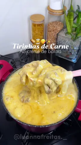 Tirinhas de carne ao creme de batata 🤤 #receitas #comida #almoco #janta #receitasfaceis 