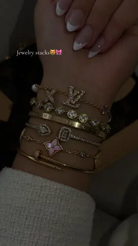 Pink & gold jewelry inspo stack at www.lesbellesjewelry.com 💘🛍️ #fyp #foryou #jewelry #jewelrystack #bracelet 
