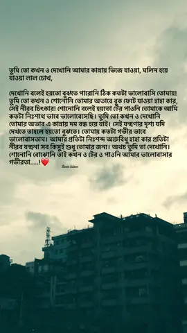 তুমি তো কখন ও দেখোনি আমার কান্নায় ভিজে যাওয়া, মলিন হয়ে যাওয়া লাল চোখ, দেখোনি বলেই হয়তো বুঝতে পারোনি ঠিক কতটা ভালোবাসি তোমায়! তুমি তো কখন ও শোনোনি তোমার অভাবে বুক ফেটে যাওয়া হাহা কার, সেই নীরব চিৎকার! শোনোনি বলেই হয়তো টের পাওনি তোমাকে আমি কতটা নিঃশাথ ভাবে ভালোবেসেছি। তুমি তো কখন ও দেখোনি তোমার অভাব এ কান্নায় দম বন্ধ হয়ে যাই। সেই যন্ত্রণার দৃশ্য যদি দেখতে তাহলে হয়তো বুঝতে। তোমায় কতটা গভীর ভাবে ভালোবাসতাম। আমার প্রতিটা নিঃশব্দ অশ্রুবিধু হাহা কার প্রতিটা নীরব যন্ত্রনা সব কিসুই শুধু তোমার জন্য। অথচ তুমি তা দেখোনি। শোনোনি বোঝোনি তাই কখন ও টের ও পাওনি আমার ভালোবাসার গভীরতা। ❤️#foryou #foryoupage 