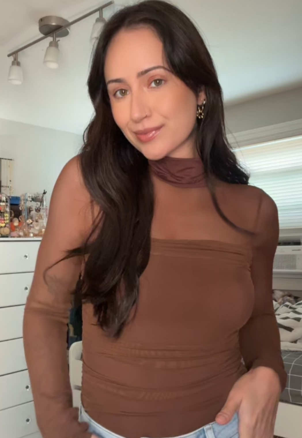 The prettiest date night top!! 🤎 #meshtop #womensfashion #longsleevebodysuit #turtlenecktop #longsleeveshirt 