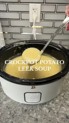 Crockpot potato leek soup 😋 We are all sick right now so this soup was perfect for dinner 🤧RECIPE👇🏻 INGREDIENTS: • 2 leeks, sliced •3 tbsp salted butter •3-4 cloves of garlic  •7 cups of chicken broth •2-3 bay leaves •1 tsp of dried thyme  • 1 tsp salt • 1/2 tsp black pepper • Optional- 1 1/2 cup heavy whipping cream (personally, I like it this way but my husband is lactose intolerant) RECIPE • clean and slice leeks. Add to skillet with 3 tbsp of butter. Add 3-4 cloves of minced garlic. Cook until leeks are softened.  •while leeks cook, cut 6-7 potatoes (russet or yellow)  • add leeks and potatoes to crockpot.  •add seasoning and chicken broth.  Cook on low for 7-8 hours or on high for 3-4. Also depends on how hot your crockpot cooks. (:  •once potatoes are softened, blend with an immersion blender.  •add optional cream, blend a little more and serve. 😋   I like serving with homemade garlic bread 🥖  #crockpot #crockpotrecipes #potatoandleeksoup #cookwithme #FoodTok Potato and leek crockpot soup Comfort food Sick day food  Yummy What’s for dinner 