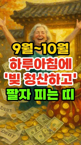 9월~10월 하루아침에 ‘빚 청산하고’ 팔자피는 띠. #재물운 #풍수 #운세 #띠별운세 #금전운 #돈복 #말년운 #횡재수 