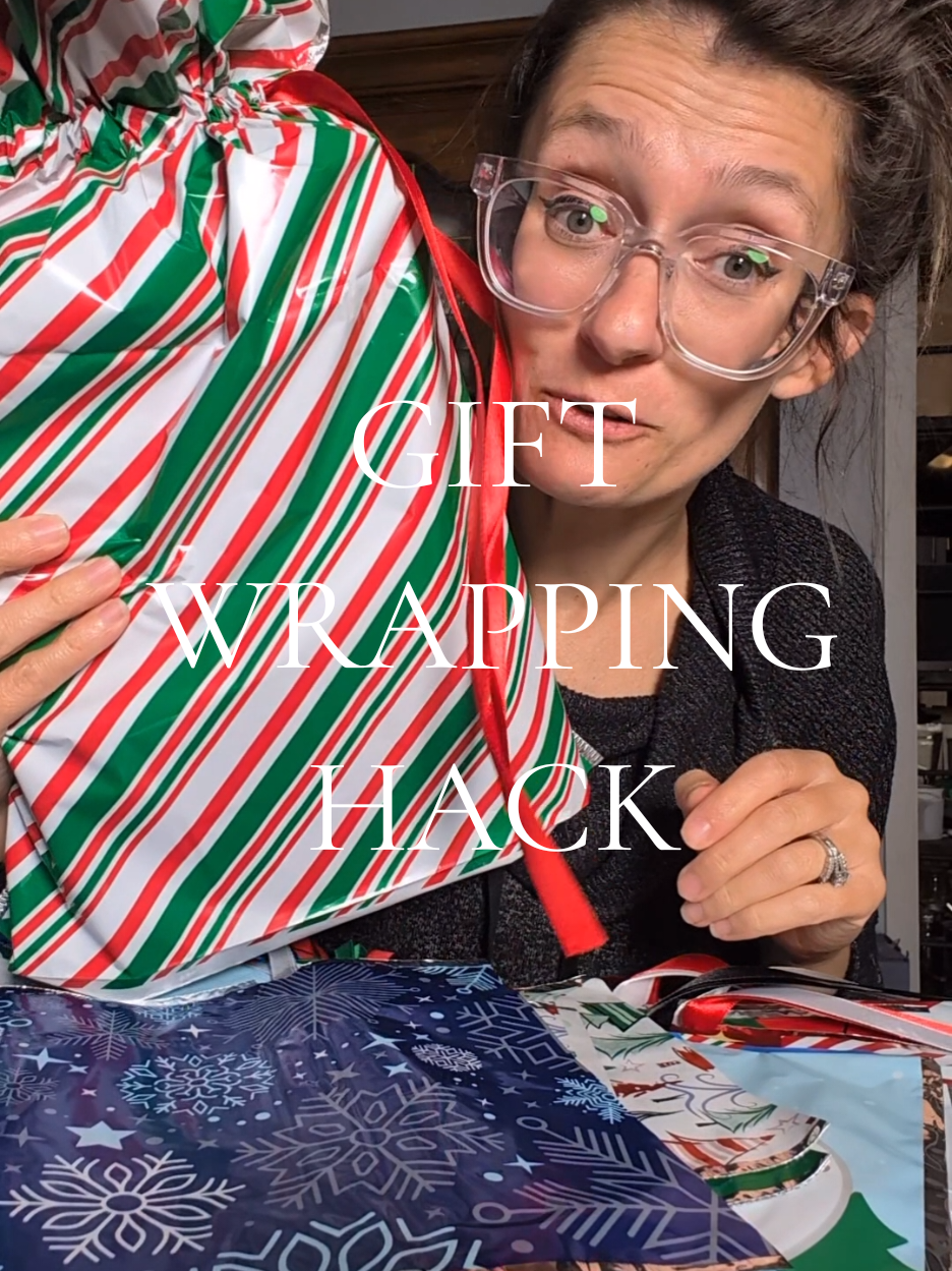 no more spending HOURS wrapping!!! WOOHOO!!  love this hack and these bags! these are great and will save so much time! #christmashack #wrappinghack #wrappinggifts #christmaswrapping #christmaswrappingtips 