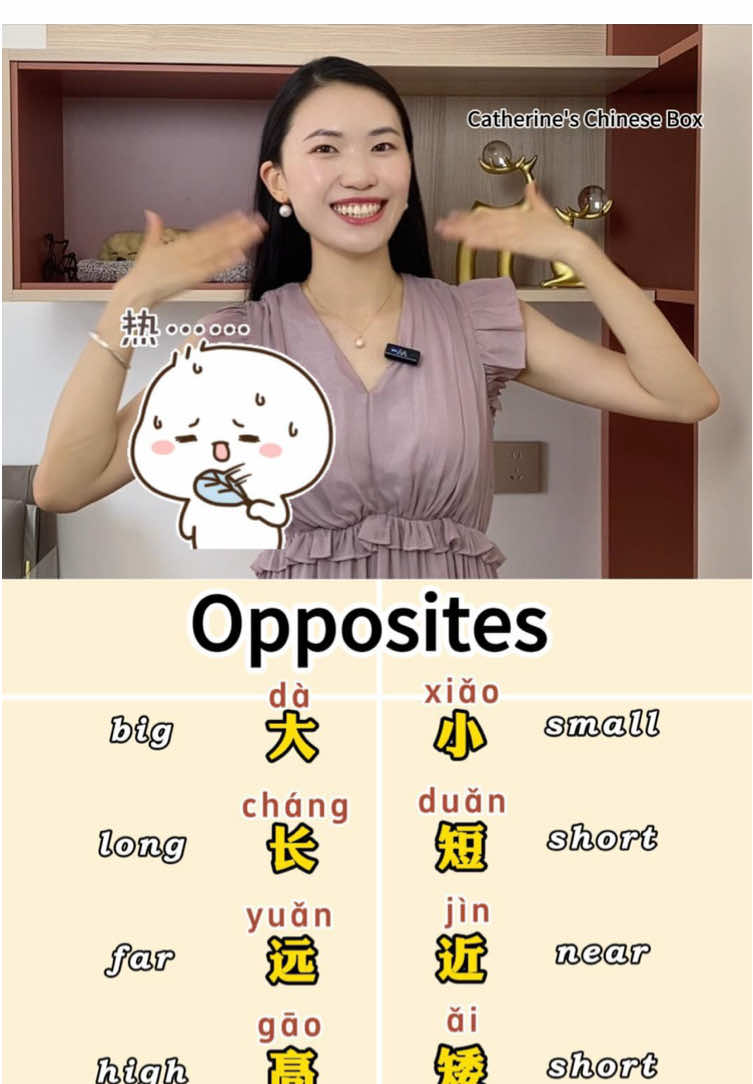 Learn opposites in 30 seconds ⏱ 大 / 小 (dà / xiǎo) = big / small 长 / 短 (cháng / duǎn) = long / short 远 / 近 (yuǎn / jìn) = far / near 高 / 矮 (gāo / ǎi) = tall / short 冷 / 热 (lěng /rè) = cold / hot  快 / 慢 (kuài / màn) = fast / slow 💬 Easy pairs to remember! #mandarin #chinese #language #learn #learnwithme 