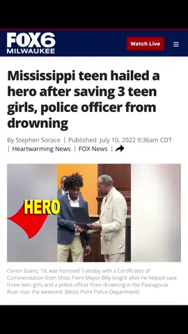 A Mississippi teen received a commendation Tuesday night for his heroic efforts in helping to save three teenage girls who crxshed into a river and a responding police officer from drowning over the weekend. Corion Evans, 16, jumped into the Pascagoula River in Moss Point around 2:30 a.m. Sunday after he witnessed a car drive off the I-10 boat launch, the Moss Point Police Department said in a press release Wednesday. #corionevans #everydayheroes #mississippi #godisgood #miracle 