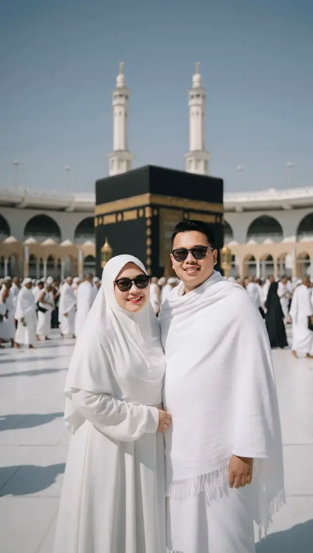 Prompt : Foto ini menampilkan pasangan yang ceria dan elegan berlatar belakang Ka'bah yang megah di Mekkah, dikelilingi oleh ribuan jemaah haji lainnya. Sang pria tampil gagah mengenakan pakaian ihram serba putih yang suci, dilengkapi dengan kacamata hitam modern. Di sisinya, sang wanita tampak anggun dalam balutan gamis dan kerudung syar'i berwarna putih bersih, serta kacamata hitam yang serasi. Pencahayaan terang dari matahari di langit yang cerah menciptakan suasana yang hangat dan bayangan yang halus, menonjolkan ekspresi bahagia dan nuansa religi yang kental pada keduanya. Foto ini berhasil menangkap momen kebahagiaan spiritual sebuah keluarga di Tanah Suci. #gemini #geminiai #mecca #madina #kakbah 