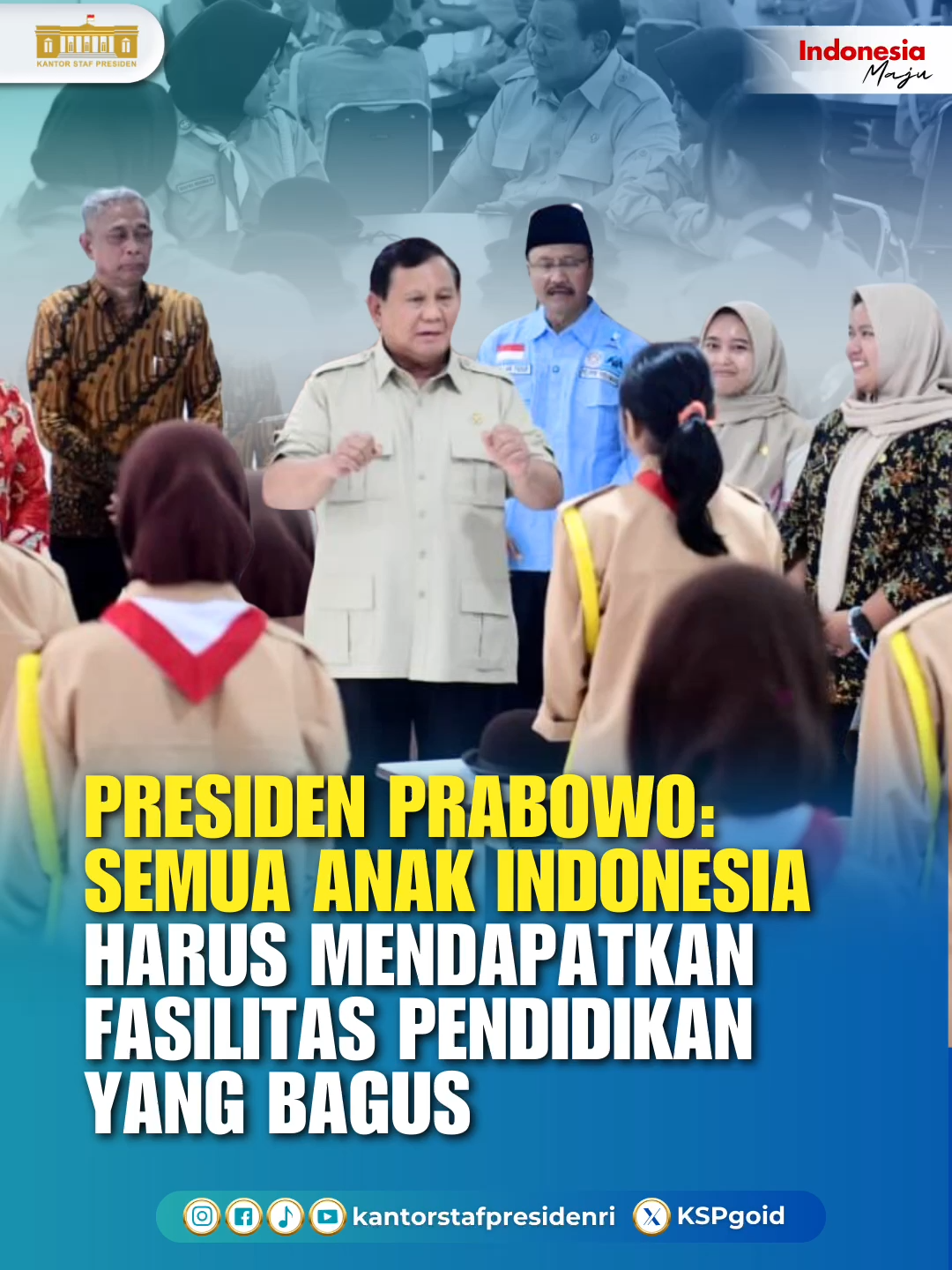 Pemerintah berkomitmen menghadirkan Sekolah Rakyat sebagai wujud nyata pemerataan pendidikan bagi seluruh anak Indonesia. Hal ini disampaikan Presiden Prabowo Subianto usai meninjau Sekolah Rakyat Menengah Atas (SRMA) 10 di Pusdiklat Margaguna, Jakarta Selatan, pada Kamis, 11 September 2025 Presiden Prabowo menjelaskan pembangunan sekolah rakyat akan ditambah bertahap dengan target 100 sekolah baru setiap tahun. Dengan pola ini, pemerintah menargetkan berdirinya 500 sekolah rakyat dalam lima tahun, di wilayah kantong-kantong masyarakat yang ekonominya paling lemah. Program juga diarahkan agar menjangkau lapisan menengah bawah.  Sekolah Rakyat hadir untuk membuka harapan, menumbuhkan percaya diri, dan memastikan anak-anak bangsa mendapat pendidikan terbaik agar tak tertinggal dari bangsa lain. Setahun Bekerja, Bergerak - Berdampak! 🇮🇩 @dpr_ri @kemensosri #KSP #UpdateKSP #SekolahRakyat #ProgramSekolahRakyat #MerdekaPendidikan #KomisiVIII #KomisiXIII #SetahunBerdampak