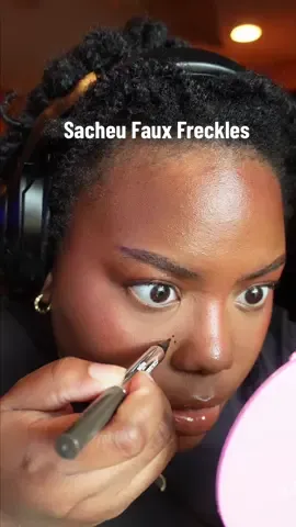 Faux Freckle fail. First time trying Sacheu Beauty’s brow and freckle stay-n pen  1. It’s too dark ( doesn’t add to realism)  2. Ball tip is too big (doesn’t make for various spot sizes for realism)  3. Dries down TOO fast (dries within seconds, and you can’t remove or blend properly)   @SACHEU Beauty US @SACHEU Beauty @Ulta Beauty  Other products used:  @Huda Beauty loose setting powder “Ube”  @Tower 28 Beauty get pressed blush “downtown daiquiri”  #fauxfreckletutorial #fauxfreckles #blackgirlmakeup #sacheubeauty #honestreview 