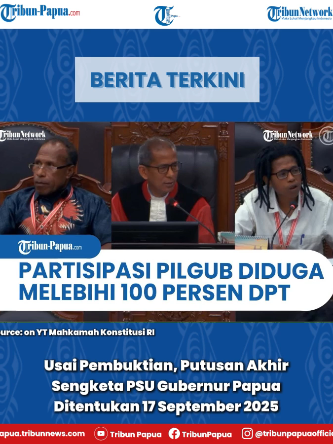 Mahkamah Konstitusi (MK) menyatakan sidang sengketa hasil Pemungutan Suara Ulang (PSU) Pilkada Gubernur Papua telah selesai dan putusannya akan diumumkan pada Rabu, 17 September 2025. Usai sidang pembuktian pada Jumat, (12/9/2025) Hakim Konstitusi, Saldi Isra dalam persidangan menyampaikan, meski terdapat perbedaan antara daftar dan alat bukti yang diajukan, perkara ini tetap dilanjutkan ke tahap musyawarah hakim. “Perkara ini akan dibahas dalam rapat permusyawaratan hakim untuk pengambilan keputusan. Minimal tujuh dari sembilan hakim akan ikut memutuskan,” kata Saldi Isra. Sidang pengucapan putusan nantinya akan dilaksanakan secara daring (online). Hal ini mengingat situasi saat ini tidak memungkinkan untuk menghadirkan banyak pihak dalam satu tempat. BACA SELENGKAPNYA papua.tribunnews.com dan tribunnews.com Follow us on Social Media Instagram: @tribunpapuaofficial TikTok: @tribunpapua Facebook: Tribun Papua Youtube: Tribun Papua