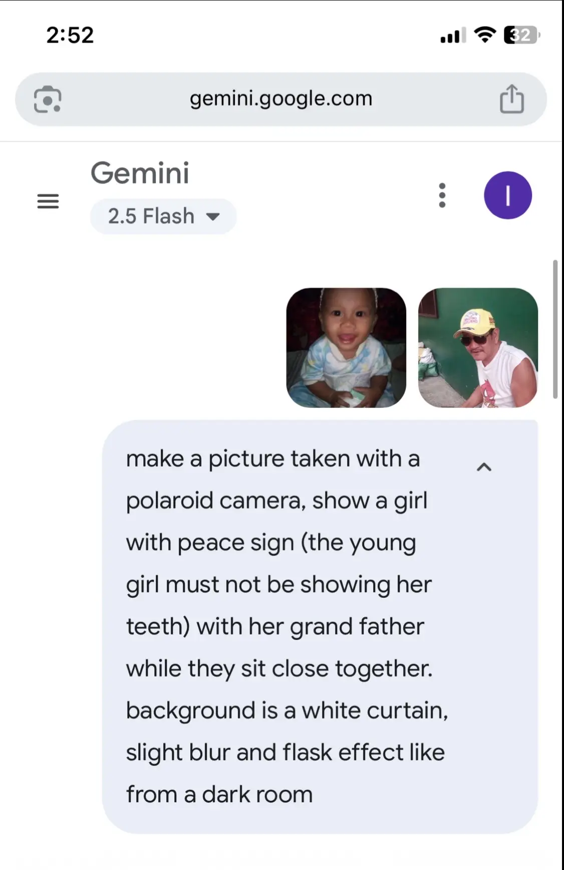 make a picture taken with a polaroid camera, show a girl with peace sign (the young girl must not be showing her teeth) with her grand father while they sit close together. background is a white curtain, slight blur and flask effect like from a dark room  #blowthisup? #fyp #foryou 