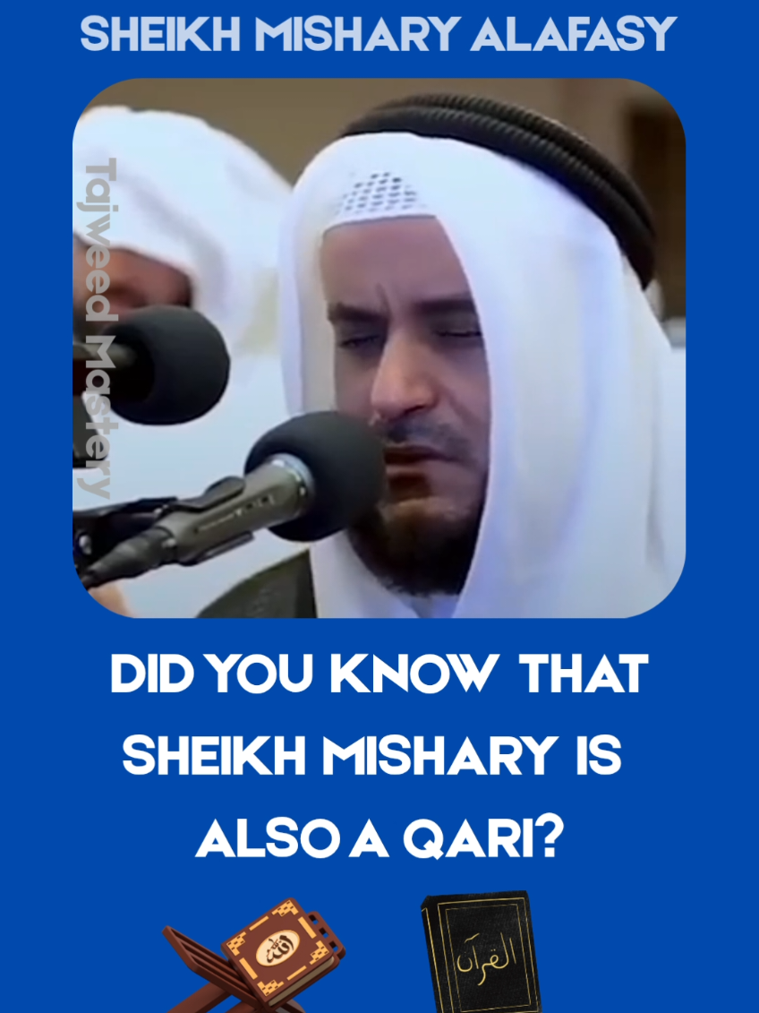 Sheikh Mishary is famously known for his nasheeds. However, he is also a great qari who studied with the great Egyptian tajweed scholars. Sheikh Mishary bin Rashid Al-Afasy or Mishary Rashid Ghareeb Mohammed Rashed Al-Afasy is a Kuwaiti international-renewed Qari, he was born in Kuwait on September 5th, 1976. He studied in the Islamic University of Madinah's College of Quran, specialising in the ten Qira'at and tafsir of the Noble Quran. He has read the Quran to the giant Egyptian Qurra' such as: Sheikh Ahmed Abdulaziz Al-Zayyat, Sheikh Ibrahim Ali Shahata Al-Samanodei, and Sheikh Abdurarea Radwan.  He is currently the Imam of Masjid Al-Kabir (Grand Mosque) in Kuwait City, and every Ramadan he leads the Taraweeh prayers in this Mosque. #mishary #Sheikh #nicerecitation #quranwithtajweed #imam 