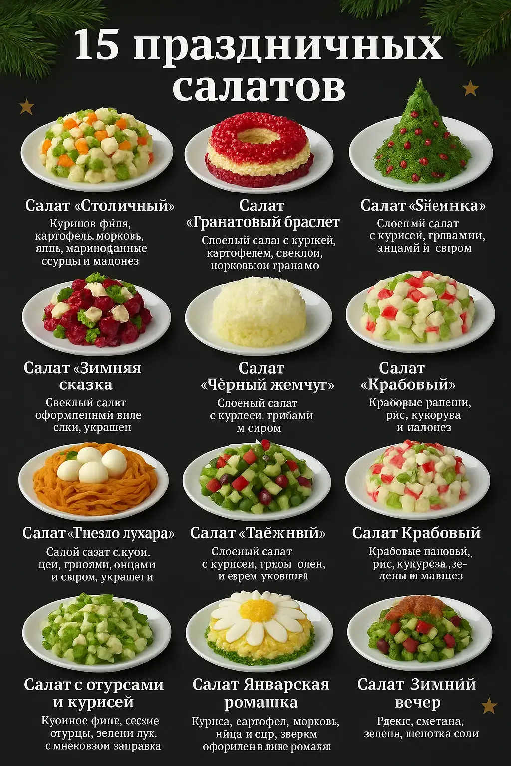 🥗 15 праздничных салатов 1. Салат «Столичный» Куриное филе, картофель, морковь, яйца, маринованные огурцы, зелёный горошек и майонез. 2. Салат «Гранатовый браслет» Слоёный салат с курицей, картофелем, свёклой, морковью и орехами, украшенный зёрнами граната. 3. Салат «Снежинка» Слоёный салат с курицей, яйцами, сыром и майонезом. Украшается белым слоем, напоминающим снег. 4. Салат «Зимняя сказка» Свёкла, сыр фета, грецкие орехи и чесночная заправка. Яркий и лёгкий. 5. Салат «Чёрный жемчуг» Слоёный салат с курицей, картофелем, яйцами и сыром, украшенный маслинами. 6. Салат «Крабовый» Крабовые палочки, яйца, рис, кукуруза, зелёный лук и майонез. 7. Салат «Гнездо глухаря» Слоёный салат из курицы, картофеля, грибов и яиц, оформленный в виде гнезда с перепелиными яйцами. 8. Салат «Таёжный» Куриное мясо или говядина, маринованные грибы, картофель, морковь, маринованные огурцы, зелень. 9. Салат «С огурцами и курицей» Куриное филе, свежий огурец, зелёный лук и лёгкая сметанная заправка. 10. Салат «Январская ромашка» Курица, картофель, морковь, яйца и сыр. Сверху украшается в виде ромашки. 11. Салат «Зимний вечер» Свёкла, морковь, орехи и лёгкая сметанная заправка. 12. Салат «Ёлочка» Слоёный салат, оформленный в виде ёлки и украшенный зеленью и гранатовыми зёрнами. 13. Салат из фасоли с овощами Красная фасоль, свежий огурец, лук, зелень и оливковое масло. 14. Салат из редиски со сметаной Редис, сметана, свежая зелень, щепотка соли. 15. Салат «Наваждение» Слоёный салат с курицей, грибами, яйцами и сыром, украшенный овощами.#закуски #рецепты #закускинапраздничныйстол #салатыза5минут 