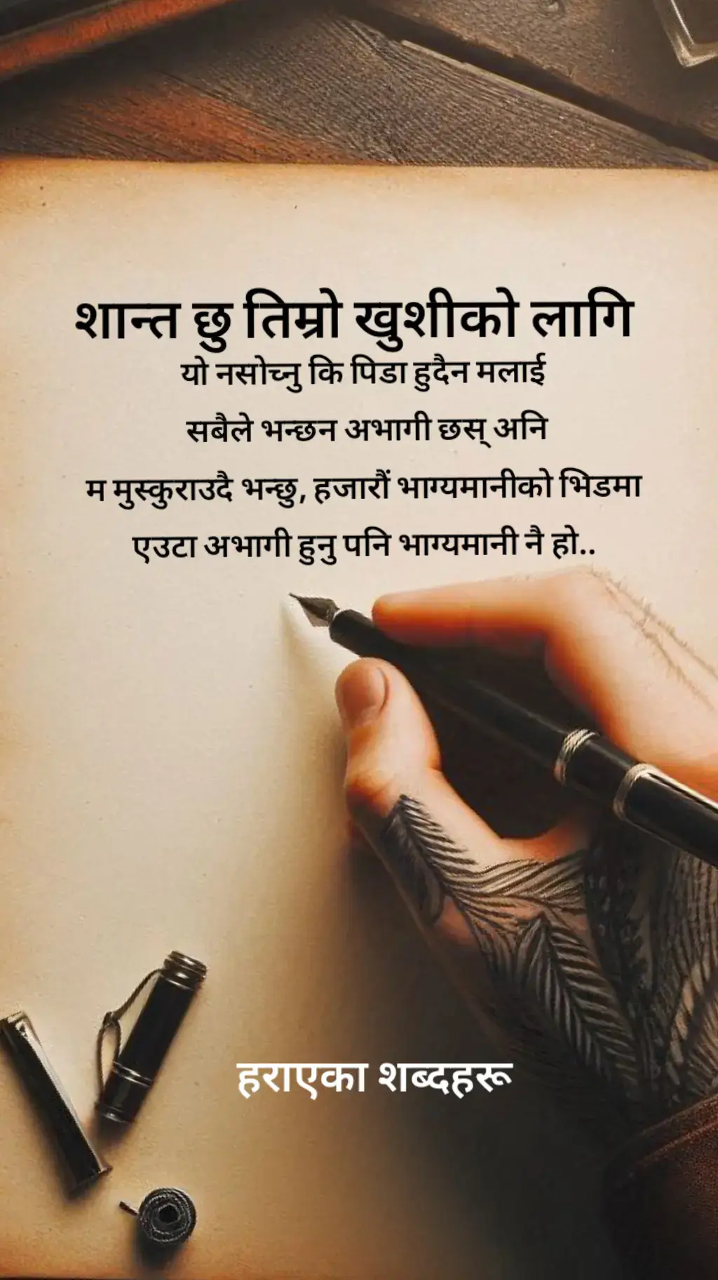 शान्त छु तिम्रो खुशीको लागि  यो नसोच्नु कि पिडा हुदैन  मलाई सबैले भन्छन अभागी छस् अनि  म मुस्कुराउदै भन्छु, हजारौं भाग्यमानीको भिडमा  एउटा अभागी हुनु पनि भाग्यमानी नै हो..#foryou #writer 