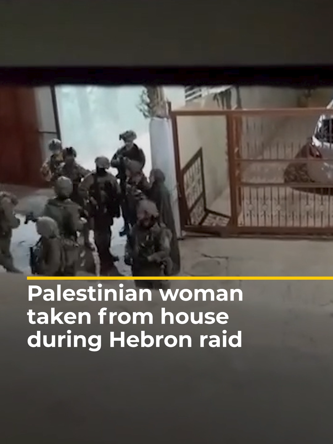 Israeli forces arrested a Palestinian student, Baraa Jamal Karama, during a raid on her home in the occupied West Bank city of Hebron. In the footage, a soldier shushes her as she calls out, while another points his gun at the person filming. #news