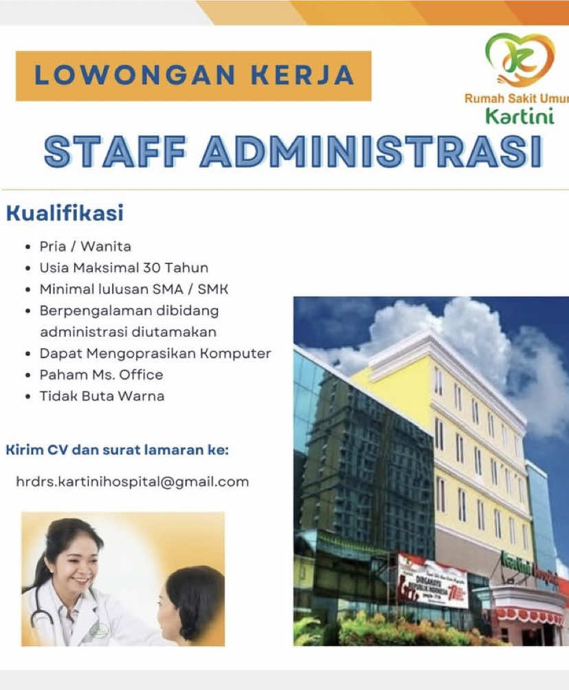 Rumah Sakit Umum Kartini membuka kesempatan berkarir untuk posisi Staff Administrasi. ✨ Kualifikasi: •Pria/Wanita, usia maksimal 30 tahun •Minimal lulusan SMA/SMK •Berpengalaman di bidang administrasi (diutamakan) •Mampu mengoperasikan komputer •Menguasai Ms. Office •Tidak buta warna 📩 Kirim CV dan Surat Lamaran ke: 📧 hrdrs.kartinihospital@gmail.com Segera kirimkan lamaranmu dan jadilah bagian dari tim di RS Kartini Jakarta Selatan 🏥  #fyp #LowonganKerja #LokerJakarta #LokerJakartaSelatan #LokerAdministrasi 