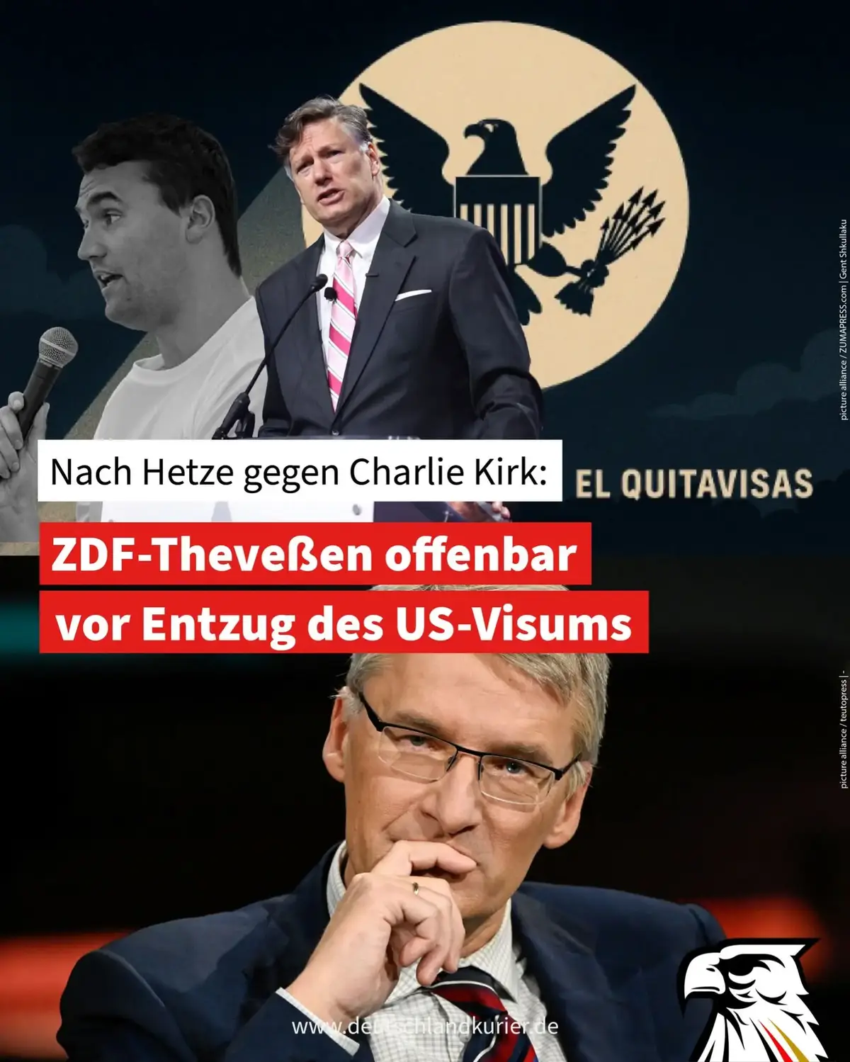Nach Hetze gegen Charlie Kirk: ZDF-Theveßen offenbar vor Entzug des US-Visums US-Vize-Außenminister Christopher Landau hat den Entzug des Journalisten-Visums für den linksgrün-woken USA-Korrespondenten des ZDF Elmar Theveßen angedeutet. Landau postete auf X einen Beitrag über die Fake News des Leiters des ZDF-Studios Washington, versehen mit einem Siegel in den spanischen Worten „El Quitavisas“ – in der Übersetzung: „Der Visa-Entzieher“. Zuvor hatte bereits der frühere US-Botschafter in Deutschland, Richard Grenell, den Rauswurf von Theveßen aus den USA gefordert: „Dieser radikale linke Deutsche ruft immer wieder zur Gewalt gegen Menschen auf, mit denen er politisch nicht einer Meinung ist. Er gibt sich als Journalist in Washington, D.C. aus. Sein Visum sollte widerrufen werden. Für diese Art von Aufwiegler gibt es in Amerika keinen Platz.“ Grenell ist heute US-Sondergesandter von Präsident Donald Trump bei den Vereinten Nationen.  Mit dem Zweiten hetzt man besser Empörung hat in den USA vor allem Theveßens wahrheitswidrige Äußerung ausgelöst, der ermordete konservative Influencer Charlie Kirk habe die Steinigung von Homosexuellen befürwortet. Vielmehr hatte Kirk auf entsprechende Bibelstellen im Alten Testament verwiesen und ausdrücklich gemahnt, mit Bibel-Auslegungen vorsichtig zu sein. Das ZDF räumte unterdessen sein, dass Theveßen das angebliche homophobe Zitat von Kirk aus dem Zusammenhang gerissen hatte. Nazi-Keule für Trumps Sicherheitsberater Zuletzt warf ZDF-Hetzer Theveßen dem Sicherheitsberater von Präsident Donald Trump, Stephen Miller, vor, „aus der Ideologie des Dritten Reiches“ zu kommen. Grenell kritisierte diese Diffamierung auf X scharf: „Wer labilen Menschen sagt, jemand sei aus dem Dritten Reich, der ruft zum Mord auf. Wie sonst sollte man mit Hitler umgehen?“