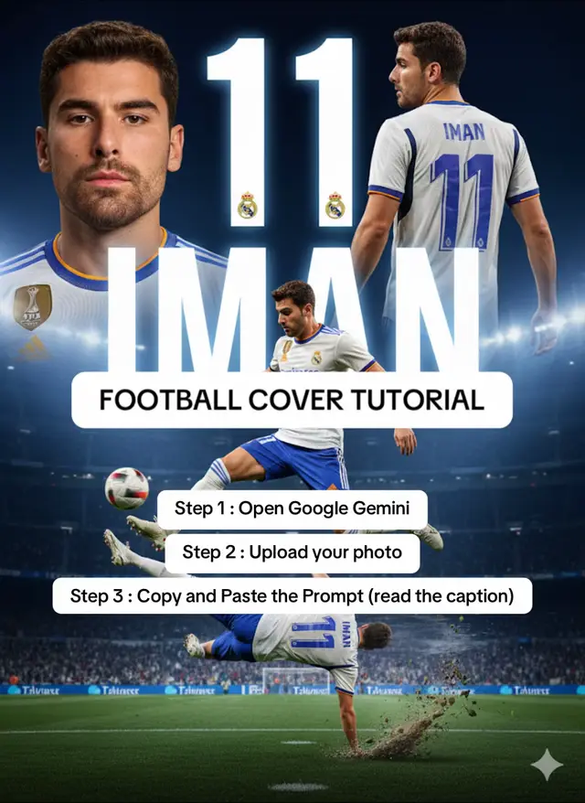 Leave a like, save for later and comment with your results 🚀🔥 Part 1 | Step 1 : Open Google Gemini Step 2 : Upload your photo Step 3 : Copy and Paste the Prompt PROMPT Create a cinematic professional football (soccer) poster [featuring refer image]. Keep the original face, hair, shape, and angle exactly as in the image. Show the person in three perspectives: a super close-up portrait with a Inter Miami CF jersey 2026, a side profile view wearing a Inter Miami Black jersey 2026 in the back name [your name], and a full-body shot in full football kit (jersey Inter Miami CF 2026, shorts, socks, and cleats) with sponsor logos. At the bottom, place a dynamic action scene of the player performing a soccer skill with motion blur and flying grass around. The jersey must clearly display the number 11 on the front, back, and shorts. Use a bold dark Pink Miami Freedom Park stadium background with a large number 11 and name [your name] glowing behind the character.       The overall style should be ultra-realistic, high-resolution, cinematic, and professional sports poster vibes. Comment “HOUSE” and we’ll send you money making prompts and free resources. #ai #aiedit #geminiai #edit #fyp 