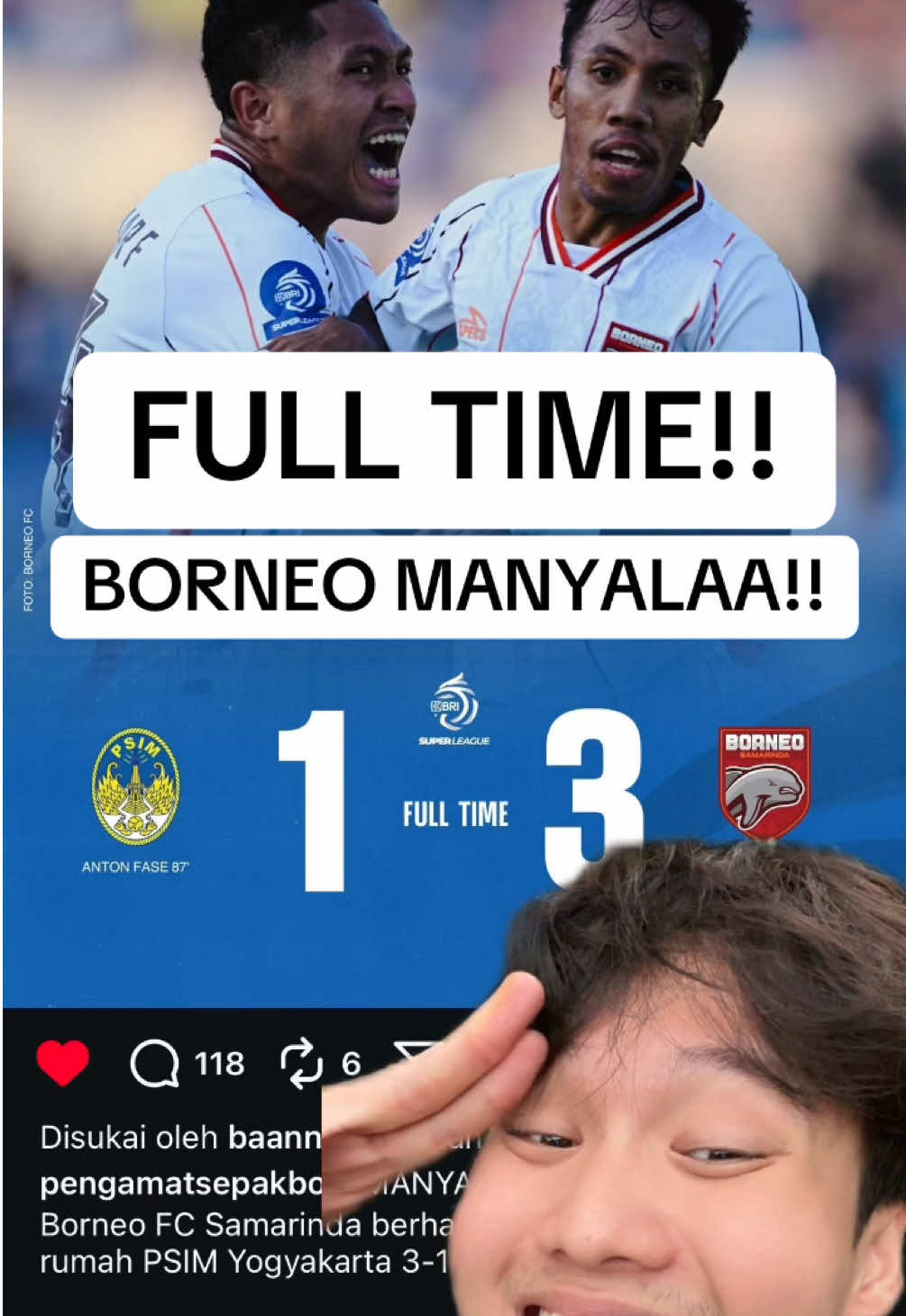 FULL TIME!! BORNEO MANYALAA!! Borneo FC Samarinda berhasil mencuri kemenangan di kandang PSIM Yogyakarta dengan skor 3-1. BORNEO PUCUK!! LET’S GO SUPER LEAGUE!! BRAVO LIGA INDONESIA!! #borneo #borneofc #psimjogja #brisuperleague #fulltime 