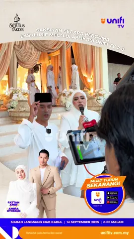 Jom guys, join live sekarang! Lagi 1 jam sebelum siaran langsung bermula! Jangan lupa saksikan siaran langsung eksklusif Majlis Ijab Kabul Setulus Takdir: Fattah Amira di aplikasi Unifi TV 2.0, saluran Inspirasi pada jam 8 malam, 14 September 2025! Muat turun sekarang di: onelink.to/unifitv #Unifi #SetulusTakdirFattahAmira #UnifiTV 