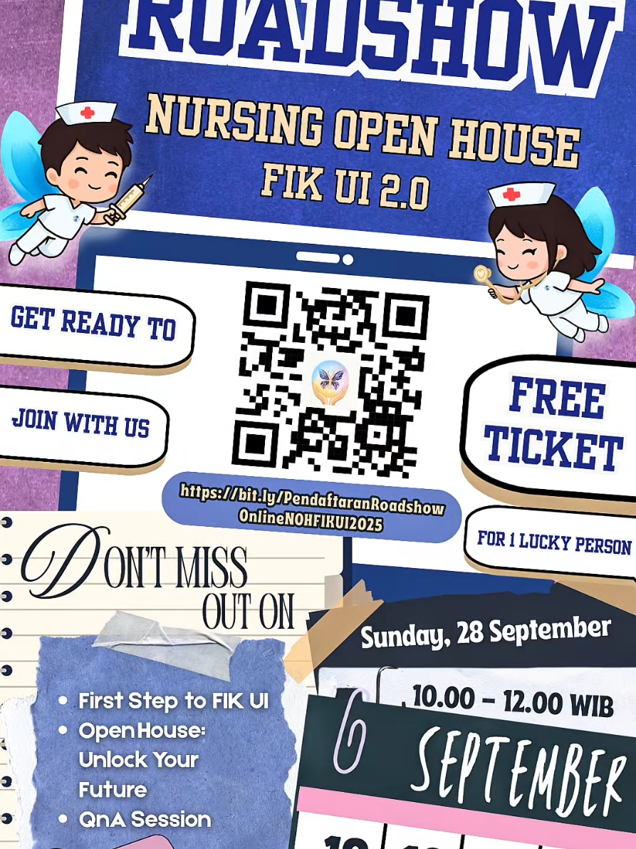 [ROADSHOW ONLINE NOH FIK UI 2.0] Halo, Future Nurse! 🩹👩🏼‍⚕️ Roadshow Nursing Open House FIK UI 2.0 hadir untuk pertama kalinya secara online!🎉 Acara ini menjadi kesempatan terbaik untuk mengenal lebih dekat dunia keperawatan di Fakultas Ilmu Keperawatan UI. Jangan lewatkan pengalaman berharga ini dan segera daftarkan diri melalui link atau QR code yang tersedia. ✨ Instagram : @nohfikui TikTok : @nohfik X: @nohfikui Narahubung : 📞 Riana (081296018156/clairsonic) 📞 Netta (087721923716/corn3tt4) NOH FIK UI 2.0 Empowering Care, Inspiring Futures