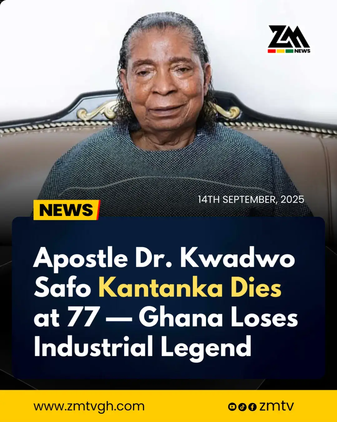 Ghana has lost one of its most celebrated inventors and industrialists, Apostle Dr. Kwadwo Safo Kantanka. The founder of the Kristo Asafo Church and Kantanka Automobile is reported to have passed away on Thursday, September 11, 2025, at the age of 77. His daughter, Hon. Sarah Adwoa Safo, confirmed the news in a public statement. Apostle Safo was widely admired for his groundbreaking innovations in automobile manufacturing and his vision to promote local technology in Ghana. Through his church and industries, he impacted lives in diverse ways, championing industrial growth, youth empowerment, and philanthropy. The Kristo Asafo Church has called for calm and requested privacy for the family as they mourn their leader. Funeral arrangements are expected to be announced in the coming days. #NewsAlert #Zmtv #Zmnews 