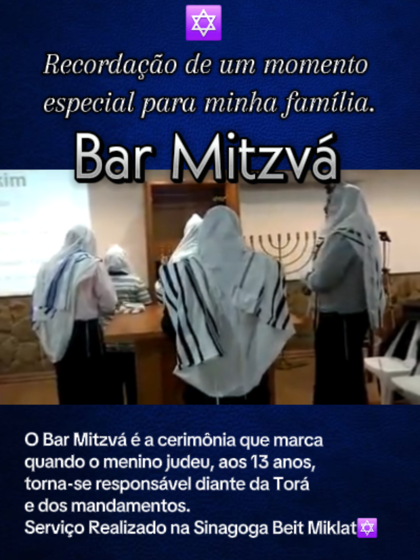 Recordação de família.☺️ ✡️Bat mitzvá do meu filho David Ben Sha'ul. (Ano 2019)  📍Você sabe o que é um Bar mitzvá (menino) ou Bat Mitzvá (meninas)?  ✡️O Bar Mitzvá significa literalmente “filho do mandamento”. Ele marca o momento em que um menino judeu, ao completar 13 anos, passa a ser considerado responsável diante da Torá e das mitsvot (mandamentos). 👉 A partir dessa idade: Ele é contado no minyan (quórum mínimo para certas orações). Pode ser chamado à Torá na sinagoga. Assume deveres religiosos e morais como um adulto. 📖 Para meninas, existe o Bat Mitzvá, geralmente aos 12 anos, com o mesmo significado de responsabilidade. 🎉 Além da parte espiritual, costuma ser celebrado com uma cerimônia e uma festa, simbolizando a transição para a vida adulta dentro do judaísmo. #mulheresconectadascomatorah #RivkaBatSarah✡️ #sabedoriajudaica #judaismocomyeshua #barmitzvah 