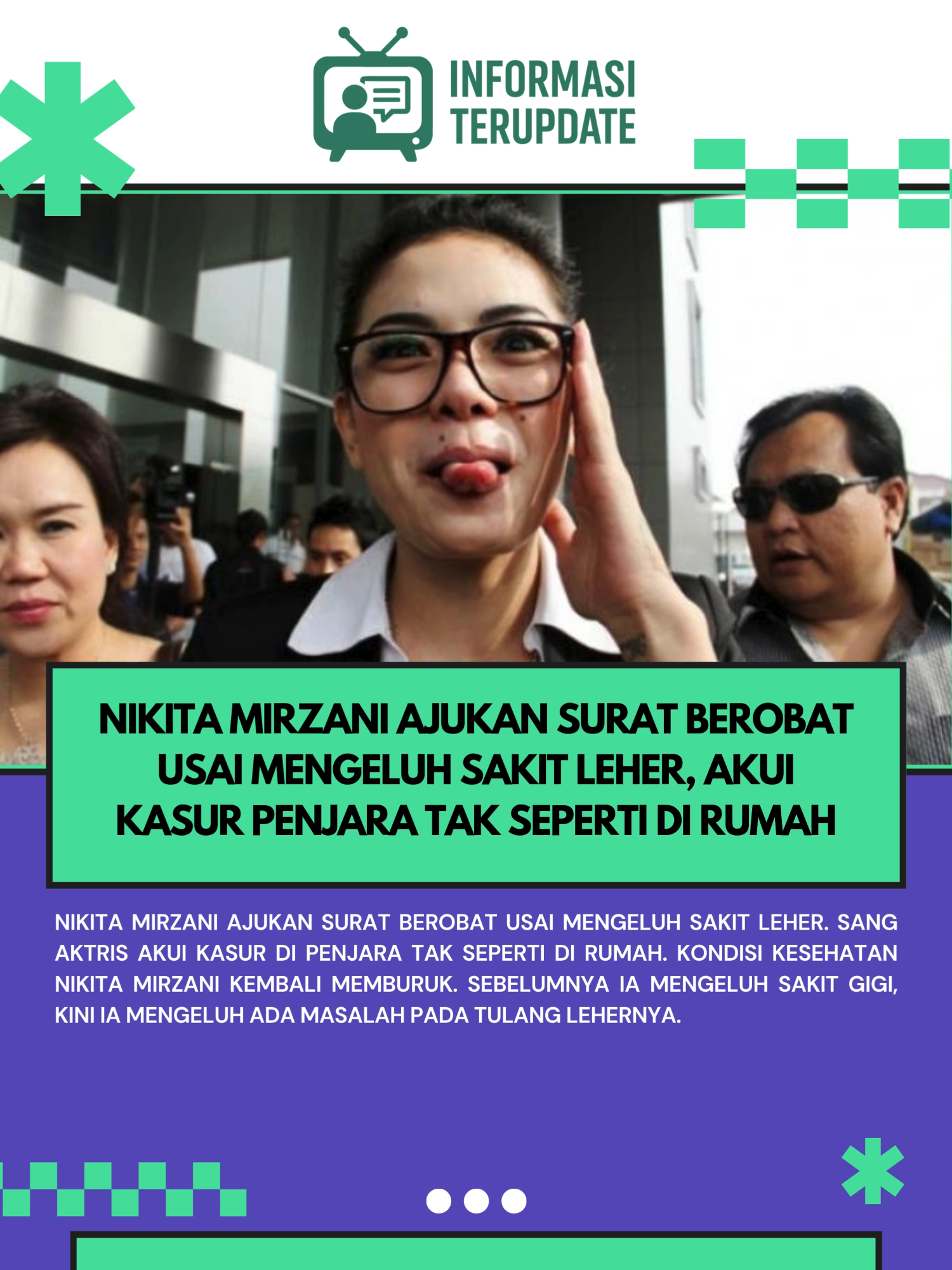 Nikita Mirzani ajukan surat berobat usai mengeluh sakit leher. Sang aktris akui kasur di penjara tak seperti di rumah. Kondisi kesehatan Nikita Mirzani kembali memburuk. Sebelumnya ia mengeluh sakit gigi, kini ia mengeluh ada masalah pada tulang lehernya. Nikita mengaku telah mengajukan surat permohonan berobat. Ia mengalami masalah serius pada bagian lehernya. Sebelumnya, sidang lanjutan kasus dugaan pemerasan dan tindak pidana pencucian uang (TPPU) telah digelar pada Kamis (11/9/2025) di Pengadilan Negeri (PN) Jakarta Selatan. Pada sidang sebelumnya, Nikita sempat mengeluh sakit gigi. #nm #nikitamirzani
