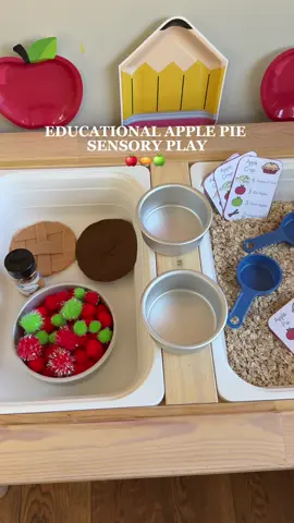 Apple pie sensory bin 🥧 This activity is not only fun but educational too! 🍏➕🍎🟰❓  #sensorybin #sensoryactivities #educationalactivities #learningthroughplay #momlife 
