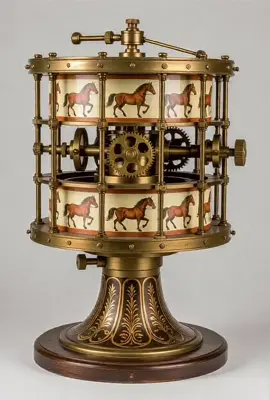 The praxinoscope creates motion illusion through mirror reflection and rotating images. As the inner drum spins with sequential horse drawings, stationary mirrors in the center reflect each frame in succession. The viewer's eye combines these rapid reflections into smooth galloping motion. Invented in 1877 by Émile Reynaud, this optical marvel improved upon the zoetrope by eliminating viewing slits for clearer animation. Subscribe to @volecoai channel, there's a lot of interesting content ahead!