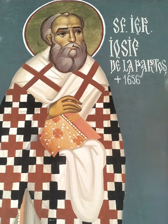 +) Sf. Ier. Iosif cel Nou de la Partoș al Banatului; + Sf. M. Muc. Nichita Romanul; + Sf. Ier. Visarion al Larisei  Sfântul Ierarh Iosif cel Nou s-a născut în anul 1568 în Dalmația (Croația) în orașul Raguza de pe țărmul Mării Adriatice. Părinții săi erau valahi, iar la botez i-au dat numele de Iacob, însă tatăl său a plecat la Domnul pe când încă era prunc, iar de creștere și de educație, s-a ocupat mama sa, ce s-a ostenit din greu pentru a-i oferi ceea ce era mai bun în vremea aceea. La vârsta de 12 ani, tânărul Iacob a studiat în Ohrida, iar la vârsta de 15 ani a primit haina monahală la Mănăstirea Maicii Domnului din aceeași localitate. După 5 ani de ascultare, Iacob ajunge în Sfântul Munte Athos, unde intră în obștea Mănăstirii Pantocrator, îmbrăcând schima mare, și tot atunci a primit și numele de Iosif. Aici, s-a nevoit vreme îndelungată în ascultare, post și rugăciune neîncetată, plecând după o vreme în sihăstrie pentru liniștea sufletului, și pentru mai multă osteneală duhovnicească. Domnul l-a binecuvântat cu darul facerii de minuni, fiind chemat des pe la mănăstirile din Sfântul Munte, pentru a-i vindeca pe călugări de grele suferințe trupești. Văzându-l umbrit de harul Duhului Sfânt, părinții l-au chemat la obște, fiind hirotonit mai întâi preot, iar mai apoi fiind ales stareț al Mănăstirii Sfântul Ștefan din Adrianopol, pe care a păstorit-o cu înțelepciune timp de 6 ani. De asemenea, a fost păstor duhovnicesc și al călugărilor de la vestita mănăstire Cutlumuș, unde se nevoiau mulți călugări români și macedoneni. După o vreme, dorindu-și din nou liniștea sihăstriei, s-a retras într-o chilie din preajma Mănăstirii Vatoped. Nu după mult timp însă, în vara anului 1650, este chemat în scaunul vacant al mitropoliei Timișoarei, iar aceasta deși avea venerabila vârstă de 82 de ani. A acceptat cu smerenie scaunul mitropolitan, păstorind de timp de 3 ani Biserica Banatului cu multă înțelepciune și blândețe, întărind în credință atât clerul cât și poporul, și făcând mai multe minuni, printre care și salvarea Timișoarei de la un incendiu devastator, aducând atunci cu ajutorul rugăciunii peste flăcări, o ploaie puternică. Fiind împovărat de ani, în anul 1653, s-a retras la mănăstirea Partoș, unde după puțin timp, a trecut la Domnul. În anul 1950, Sfântul Sinod l-a trecut în rândul sfinților, iar în 1997 l-a desemnat ca ocrotitor al pompierilor militari din țara noastră. Cinstitele sale moaște se află la Catedrala Mitropolitană din Timișoara.  Sfântul Nichita s-a născut într-un sat din Câmpia Dunării, în prima jumătate a secolului al IV-lea. Tainele credinței în Hristos le-a învățat de la episcopul Teofil al Sciției și Goției. Apoi, el s-a călugărit într-o mănăstire din Munții Buzăului, fiind hirotonit preot de același episcop Teofil. Preotul Nichita a plecat în lucrarea sa misionară prin satele Buzăului, catehizând și botezând mulți daco-romani și goți doritori de a primi credința lui Iisus Hristos în sufletele lor. Pornindu-se marea persecuție a lui Athanaric împotriva creștinilor din anul 372, este prins de goți în biserică slujind Sfânta Liturghie și ars de viu în fața Sfântului Altar, după obiceiul lor, în ziua de 15 septembrie. Rămășițele sale pământești, rămase după sfântul său martiriu, au fost mai apoi strânse de creștini și cinstite ca sfinte moaște, cu mare evlavie. Mai târziu, în anul 451, sfintele sale moaște au fost duse de creștini în Cilicia, fiind așezate într-o biserică din orașul Mopsuestia.