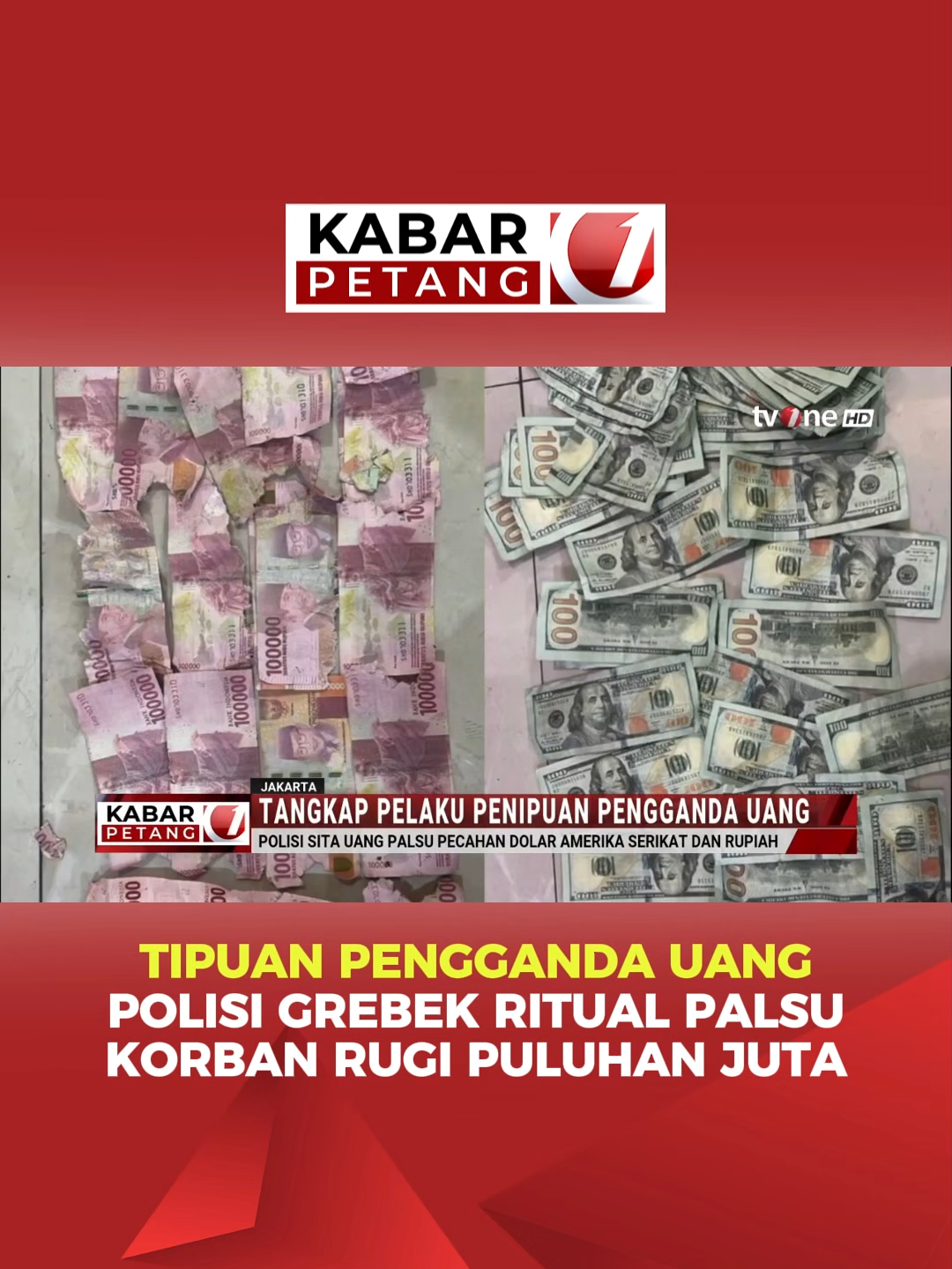 💸 PENIPU PENGGANDA UANG DITANGKAP, RITUAL PALSU TERBONGKAR Polisi menangkap dukun pengganda uang palsu asal Karawang saat melakukan ritual tipuan di sebuah apartemen kawasan Kalibata, Jakarta Selatan. 👉 Pelaku menipu 5 korban dengan iming-iming bisa melipatgandakan uang, hingga korban rugi puluhan juta rupiah. 🚨 Dari penggerebekan, polisi menyita 88 lembar uang palsu pecahan 100 dolar AS dan 32 lembar uang Rp100 ribu. Kini polisi masih mendalami asal-usul uang palsu tersebut. 📡 Pantau terus tvOne untuk perkembangan kasus penipuan penggandaan uang ini! #BreakingNews #PenggandaanUang #Karawang #KabarTvOne #UpdateTvOne #BeritaTerkini