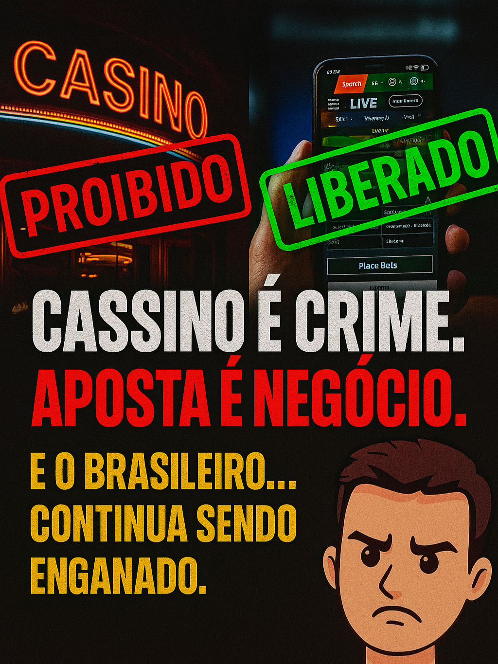 Cassino é crime. Mas aposta online é anúncio Bem-vindo ao Brasil da hipocrisia... No Brasil, você não pode trabalhar num cassino físico — mesmo que isso gere emprego, dignidade e estrutura. Mas pode apostar online, sozinho, sem suporte, e ainda ver isso anunciado em horário nobre. Enquanto o trabalhador é empurrado pra telemarketing e salário mínimo, o sistema lucra com vício digital. Este vídeo é um tapa na cara da hipocrisia legalizada. Sociedade Podre. Empatia de Vitrine. E a saga continua. Se você cansou de ser otário no meio dessa sociedade podre, aristocrática e brasileira... Junte-se a nós e faça nossa denúncia ecoar nos quatro cantos do país. #SociedadePodre #CassinoProibido #HipocrisiaLegal #ApostasOnline #BrasilSemFiltro #EmpatiaDeVitrine #TrabalhoDignoJá #SagaDoÉdenAoImpério #DenúnciaSocial #CassinoÉTrabalho